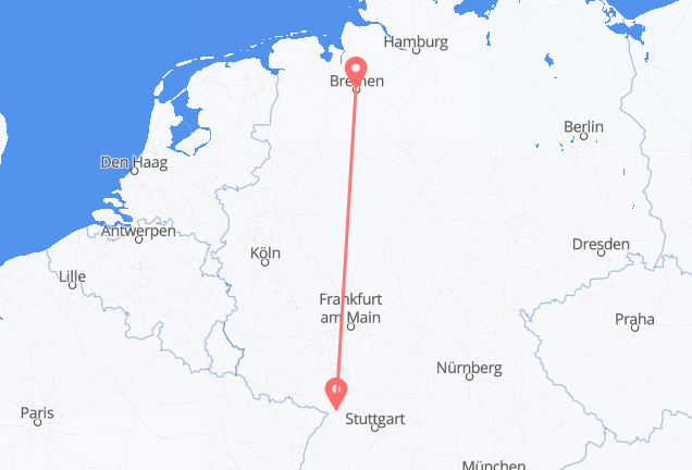 ドイツのブレーメンから、ドイツのカールスルーエまでのフライト