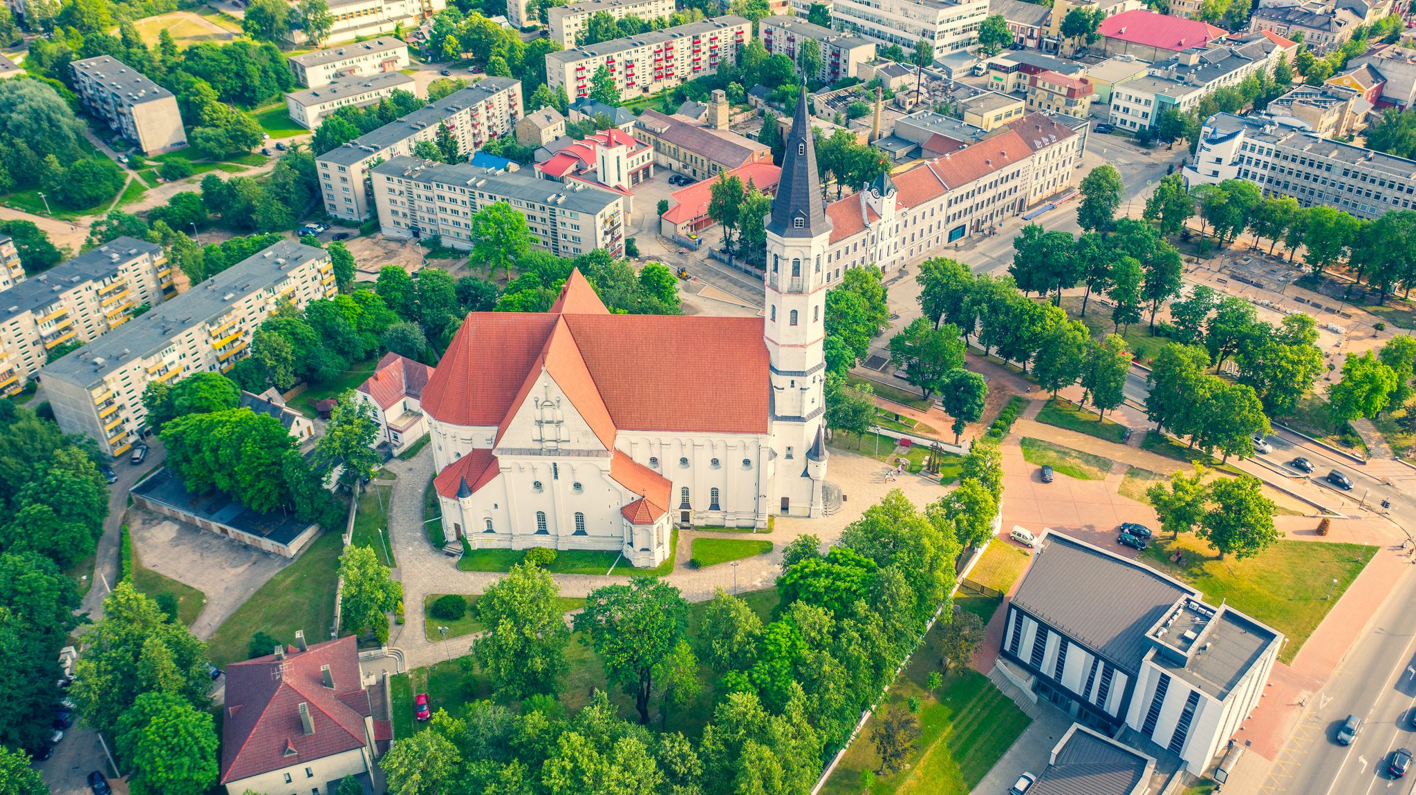 Beautiful Aerial view photo from flying drone panoramic on Siauliai and the city church on a sunny summer day Siauliai, Lithuania. (series)