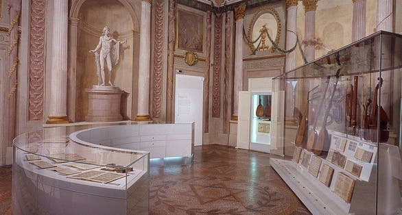 photo of view ofRoom 5 - Books for music and instruments of 16th and 17th centuries International Museum and Library of Musi , Bologna, Italy.