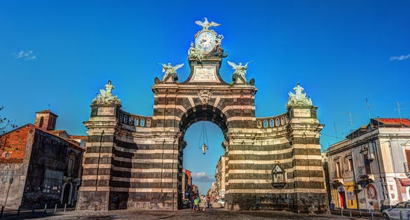 The arch Giuseppe Garibaldi built to honor the Spanish King Ferdinand I, Catania, Sicily. Triumphal arch built in 1768 - famous landmark of the city.