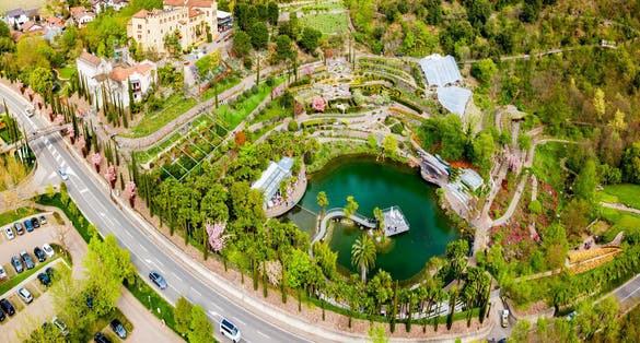 Aerial view of the Trauttmansdorff Castle Gardens, a botanical gardens located in Merano city in north Italy