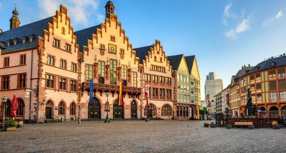 Photo of the medieval Roemer building housing the Town Hall in the center of Old town of Frankfurt am Main, Germany.
