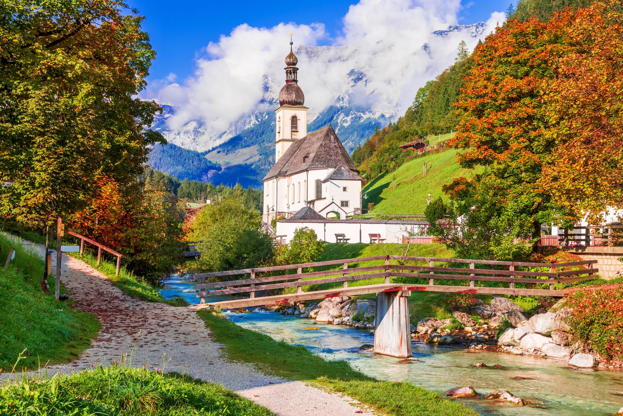 Photo of Ramsau bei Berchtesgaden, Germany. Autumnal scenery of Ramsau National Park in Berchtesgadener Land in Bavaria with incredible seasonal view of Parish .