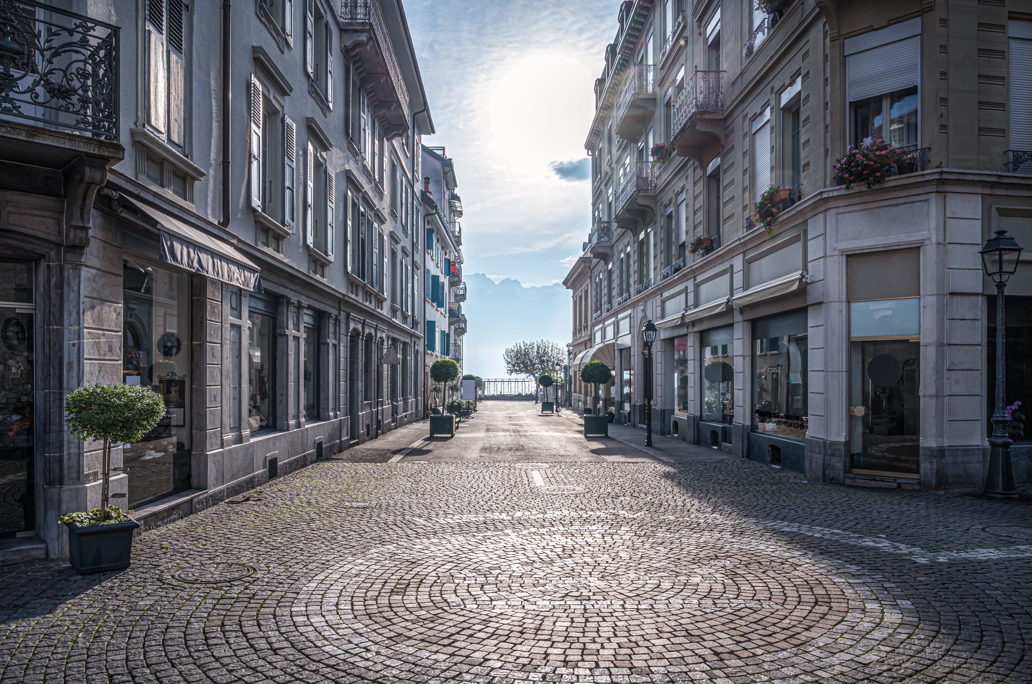 Photo of street of the Vevey city under the autumn sun, Switzerland.