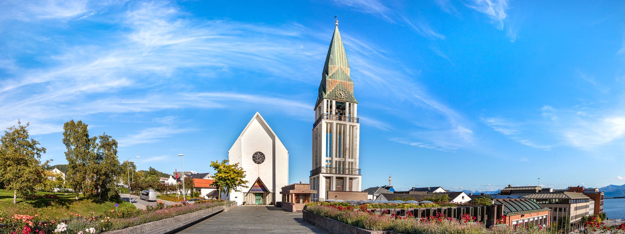 Panoramic view the Molde Domkirke, the Cathedral of Molde, an evangelical - lutheran church located next to the Port of Molde, Norway.
