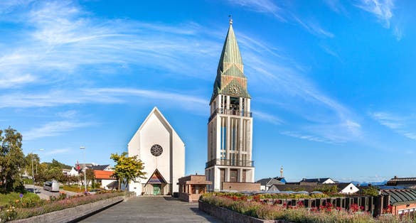 Panoramic view the Molde Domkirke, the Cathedral of Molde, an evangelical - lutheran church located next to the Port of Molde, Norway.