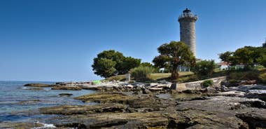 Photo of aerial view of town of Umag historic coastline architecture , archipelago of Istria region, Croatia.
