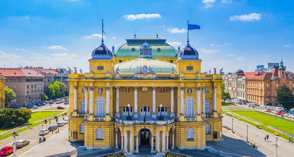 Croatia, city of Zagreb, beautiful monumental national theater building, aerial view and skyline of city center