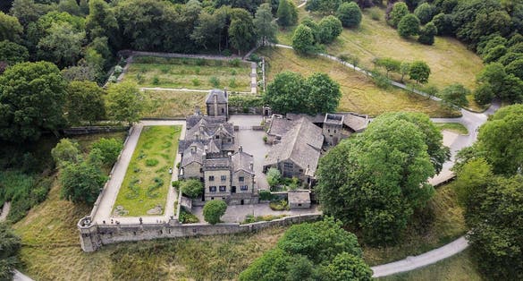 Photo of aerial view of Shibden Hall, Halifax, West Yorkshire, UK.