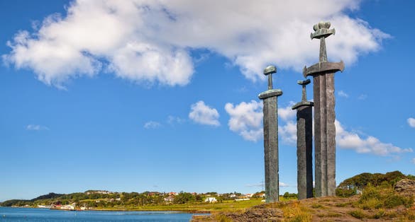 Three large swords stand on the hill as a memory to the Battle of Hafrsfjord in year 872 in Stavanger, Norway.