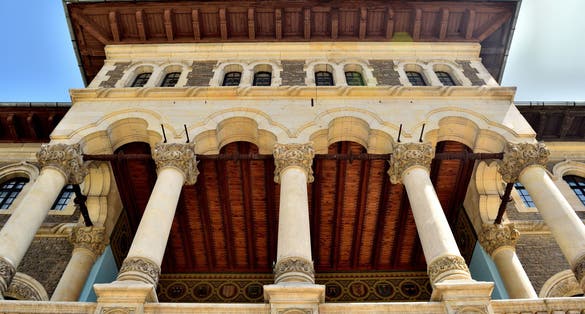 Photo of Detail shot of the balcony of Cantacuzino Castle , Busteni,Romania .