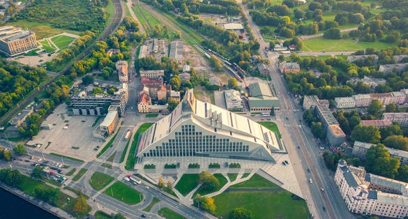 Aerial view photo from flying drone panoramic to National library in Riga, Latvia