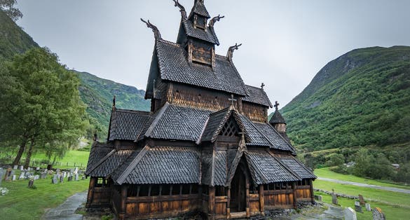 Historical Borgund stave church in Norway. A stunning and rare medieval christian church from the 12th century and the best preserved example of this architecture.