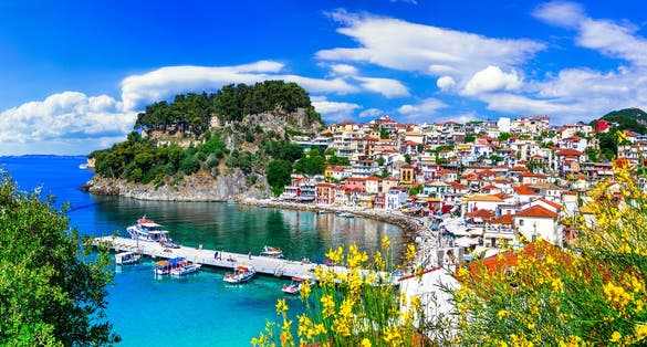 Photo of aerial view of beautiful colorful town of Parga, Greece .