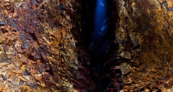 photo of view of Þríhnúkagígur, horft upp frá botni, Þríhnúkahellir, Iceland.