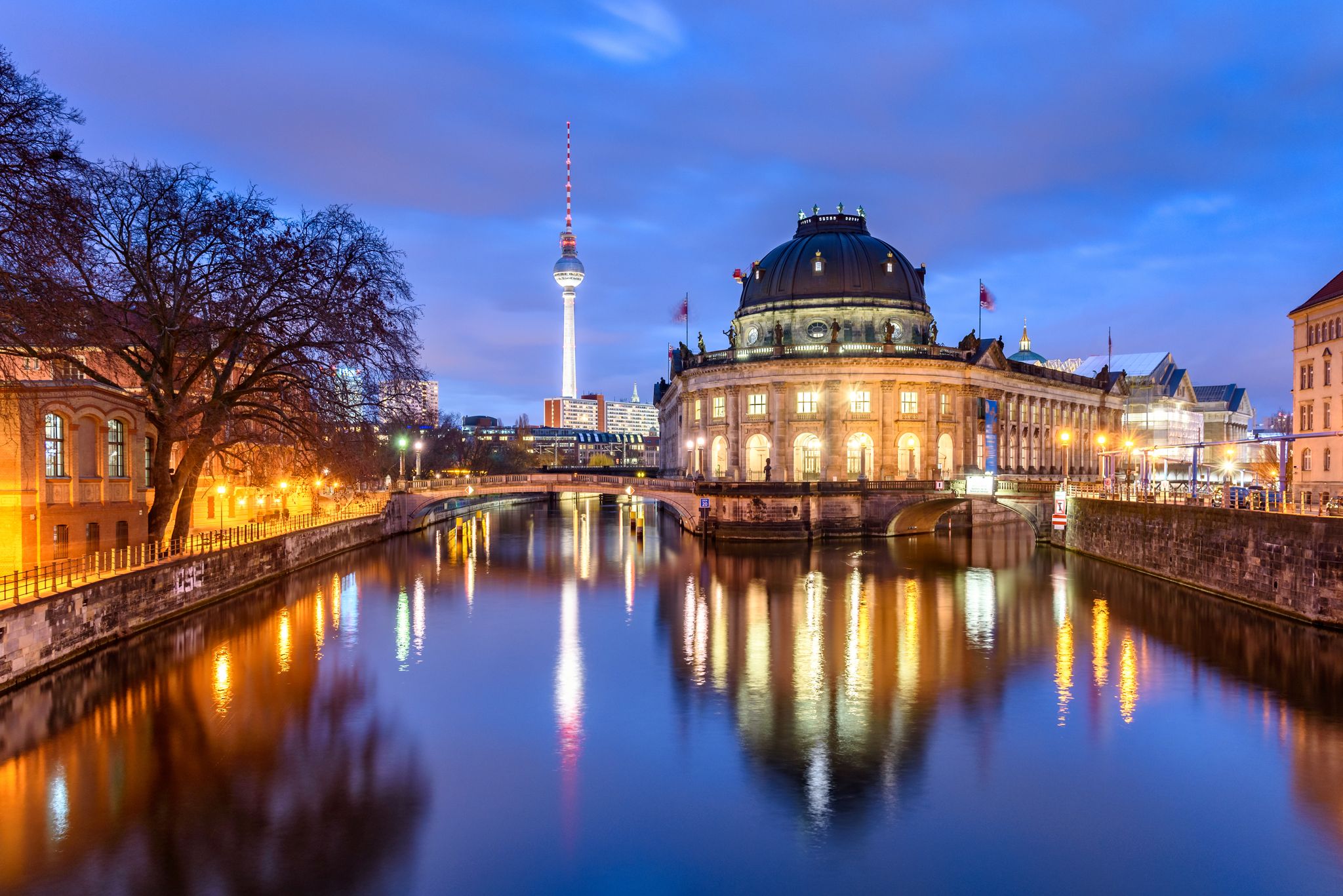 Pretty night time illumination of the museum island in Berlin Germany.