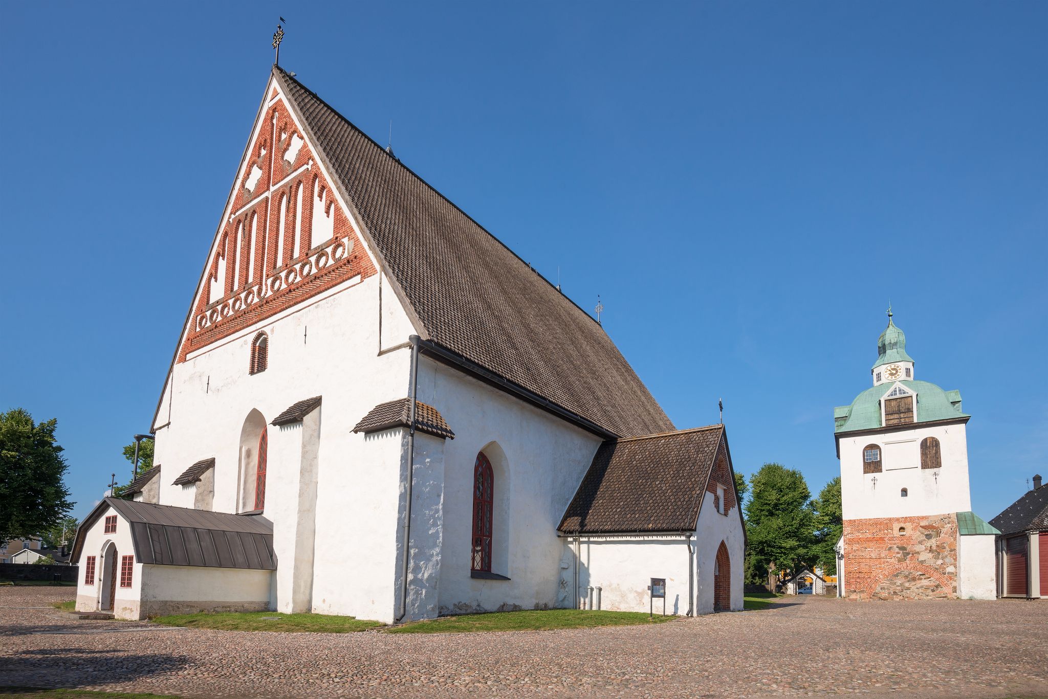 Medieval Lutheran cathedral of old Porvoo close up on a sunny July day. Finland