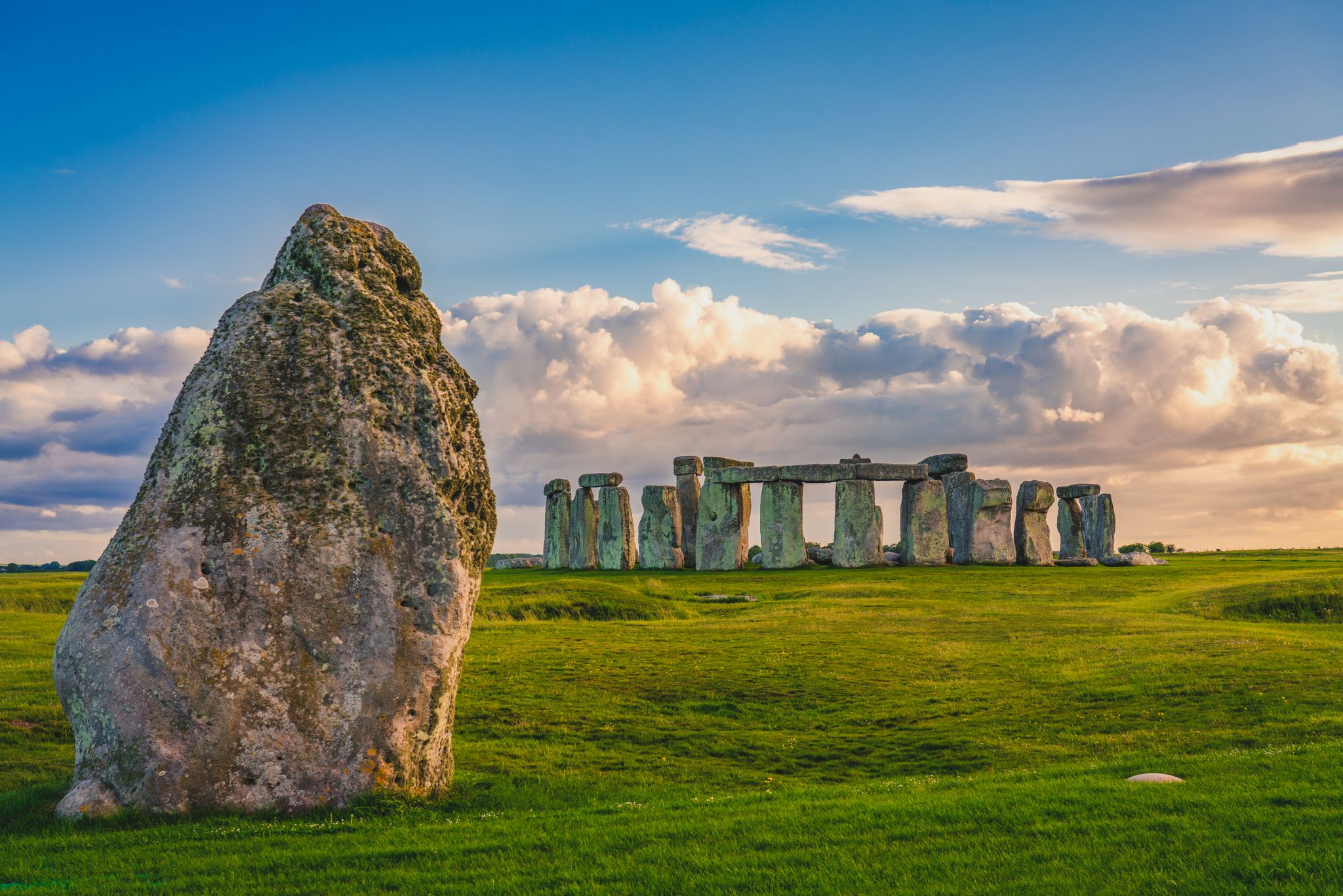 Stonehenge at sunset in England.
