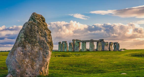 Stonehenge at sunset in England.