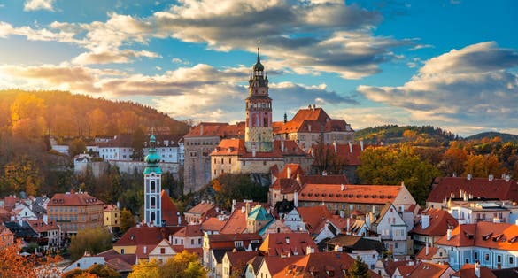 View of historical centre of Cesky Krumlov town on Vltava riverbank on autumn day overlooking medieval Castle, Czech Republic. View of old town of Cesky Krumlov, South Bohemia, Czech Republic.