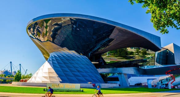 Photo of view of the futuristic looking headquarters of BMW car manufacturer in Munich, Germany.