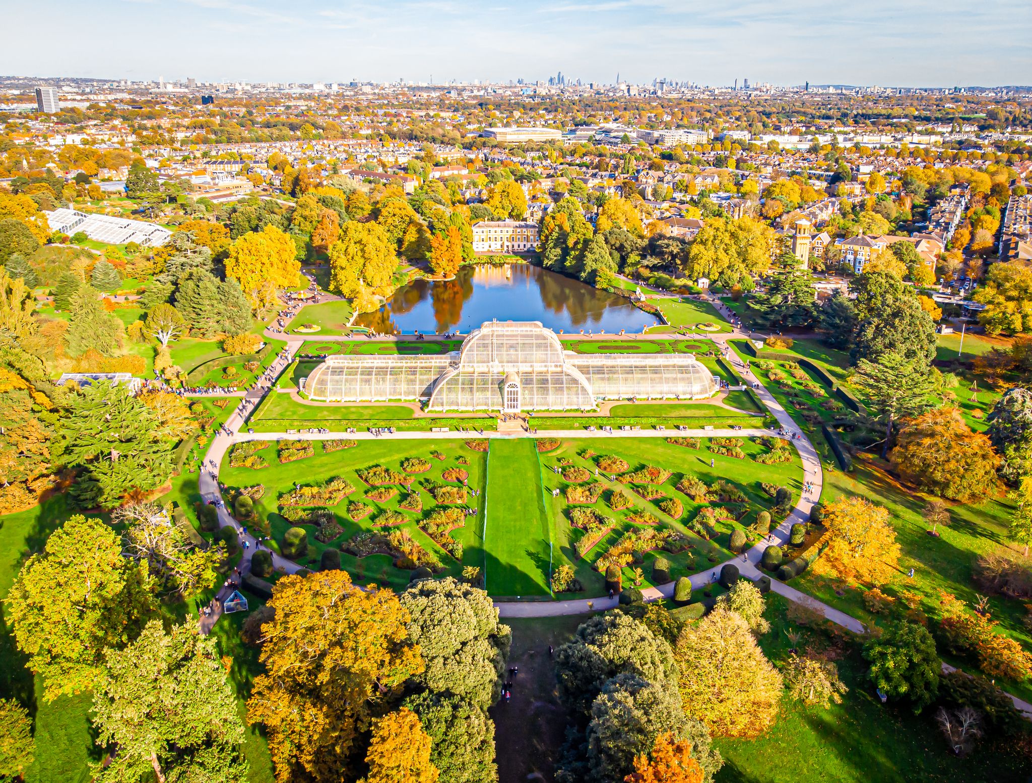 Photo of aerial view of Kew Royal Botanic Gardens, Richmond, UK.