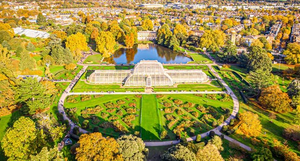 Photo of aerial view of Kew Royal Botanic Gardens, Richmond, UK.