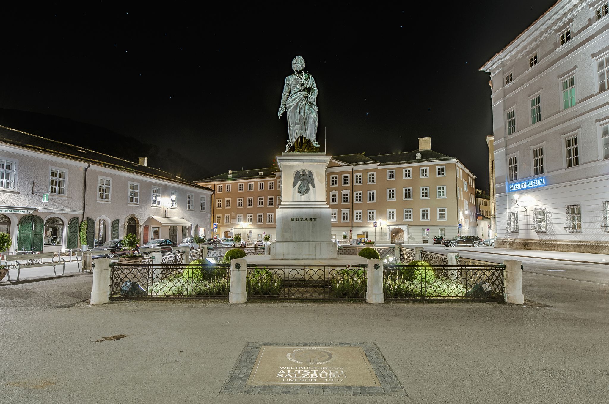 photo of view of Mozart statue on Mozart Square (Mozartplatz) located at Salzburg, Austria.