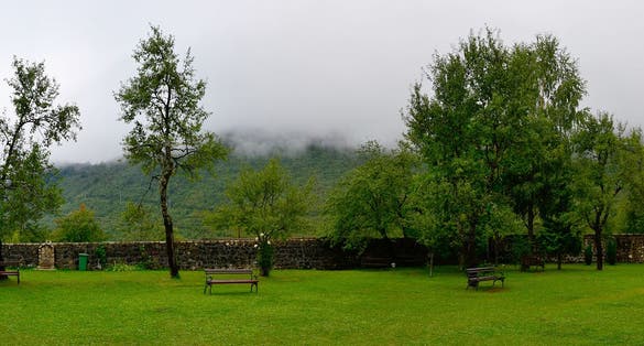 Piva Monastery courtyard on rainy day, Montenegro.