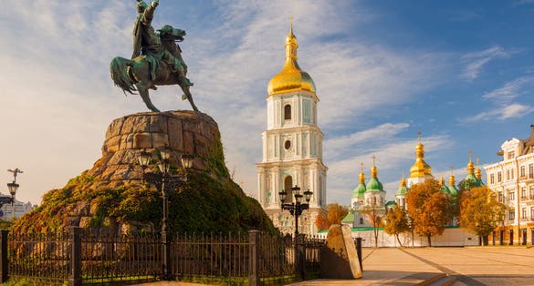 Photo of scenic view on Hetman Bohdan Khmelnitsky monument and Saint Sophia's Cathedral on Sofia Square, Kyiv, Ukraine.
