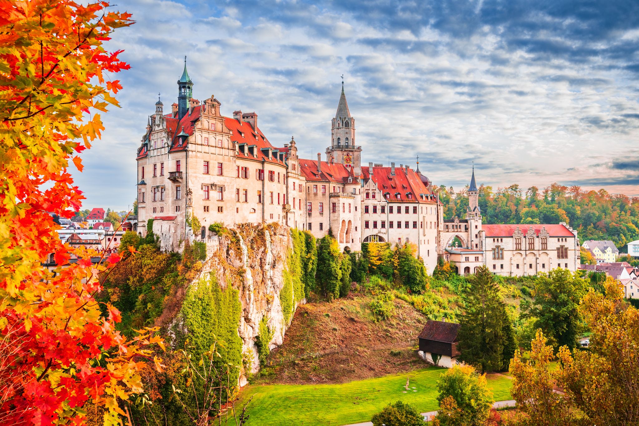 Photo of  autumn colored landscape.royal Castle on the rock,in Sigmaringen ,Germnay. 