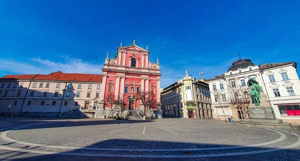 Panoramic view of empty Prešeren square on a sunny spring day during global COVID-19 outbreak.