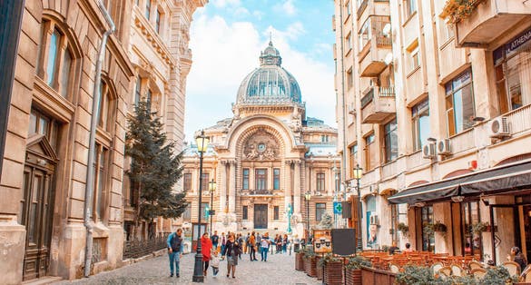 Panoramic view Palace of the Savings Bank in the historical center, Bucharest, Romania.