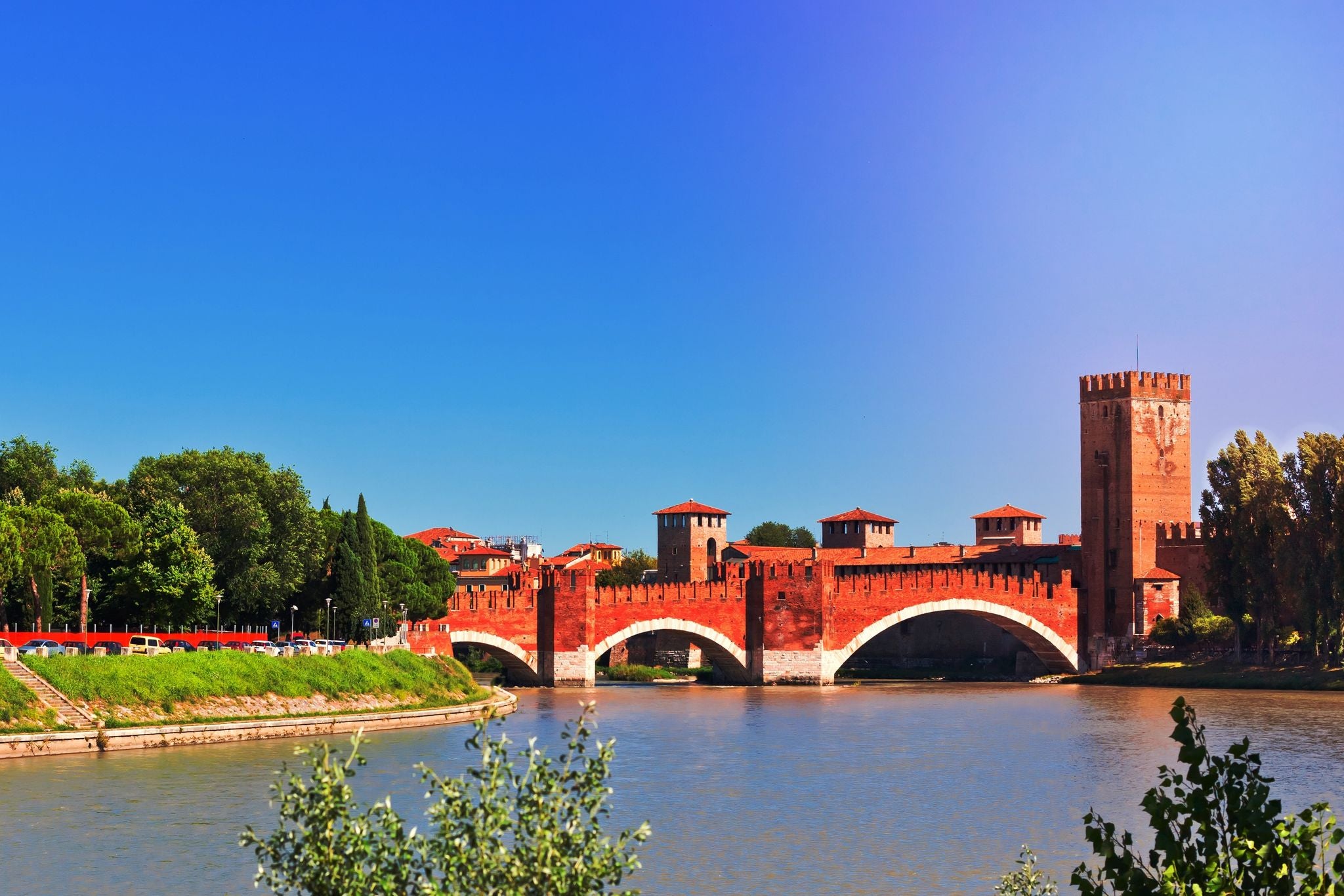 photo of view of Ponte Scaligero in Verona (Veneto, Italy). View from riverside, Verona, Italy.