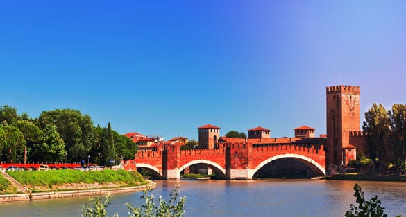 photo of view of Ponte Scaligero in Verona (Veneto, Italy). View from riverside, Verona, Italy.