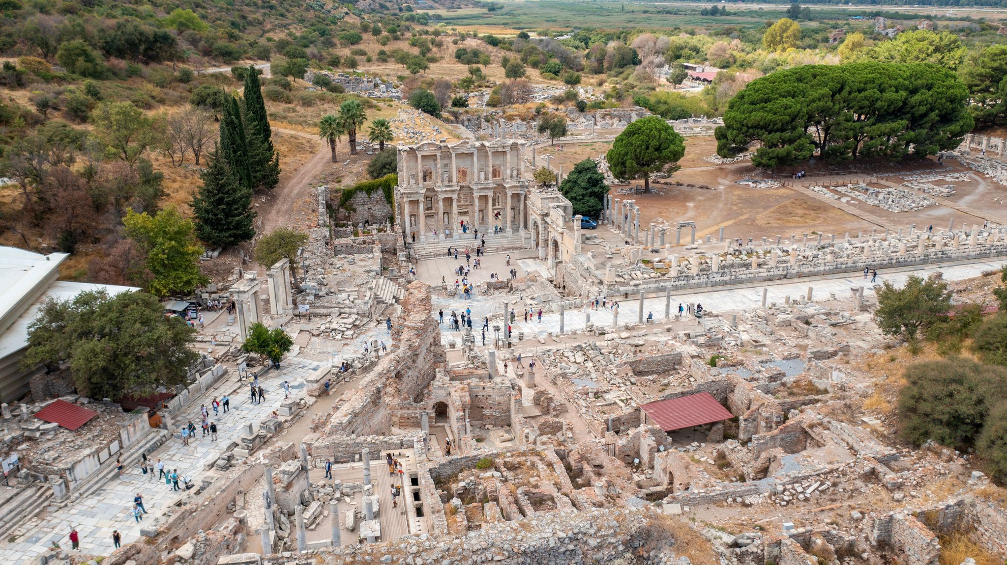 photo of aerial view of the ancient city of Ephesus. Many structures such as the world-famous Celcus library, houses and ancient theater are exhibited here in Izmir, Turkey.