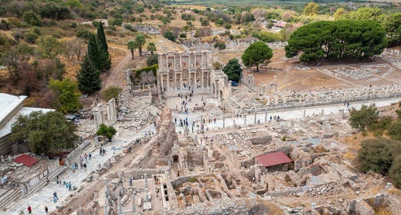 photo of aerial view of the ancient city of Ephesus. Many structures such as the world-famous Celcus library, houses and ancient theater are exhibited here in Izmir, Turkey.