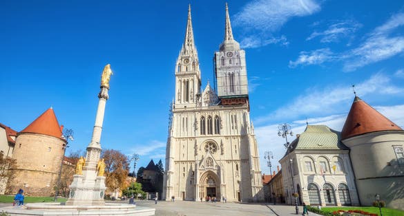 Photo of cathedral and Blessed Virgin Mary monument in Zagreb. Croatia.