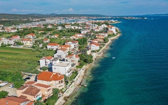 Photo of adriatic village of Bibinje harbor and waterfront panoramic view, Croatia.