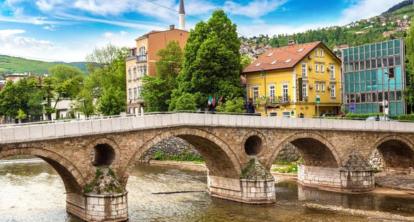 Photo of Latin bridge in Sarajevo in a beautiful summer day, Bosnia and Herzegovina.