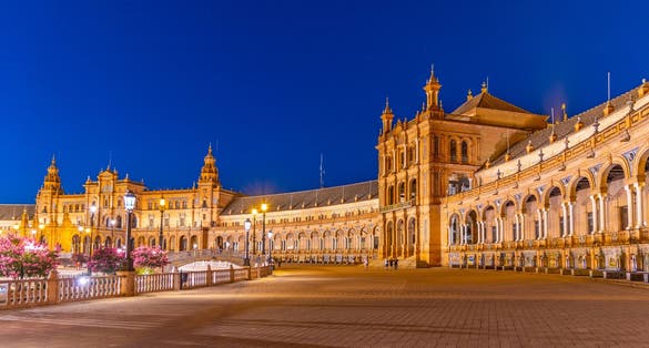 Photo of Night view of Plaza de Espana in Sevilla, Spain .