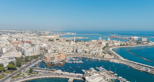 Bari, Italy. The central embankment of the city during the day. Lungomare di Bari. Summer. Bari - a port city on the Adriatic coast, Aerial View