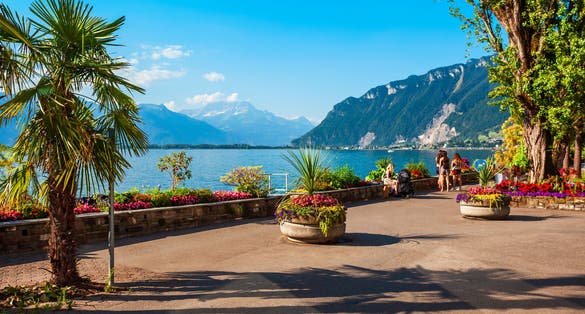 Montreux is a town on the shoreline of Lake Geneva at the foot of the Alps in Switzerland