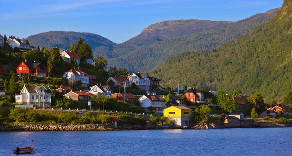 photo of view of Town Sogndal and fjord in Norway - nature and travel background.