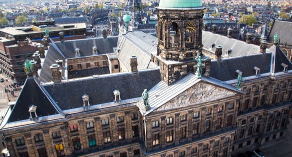 Photo of aerial View of the Royal Palace (Dutch: Koninklijk Paleis) in the city of Amsterdam, Netherlands.