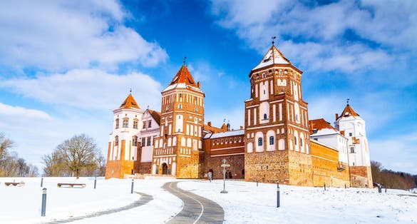 Photo of the winter panorama of the Mir Castle Complex, Minsk Region, Belarus.