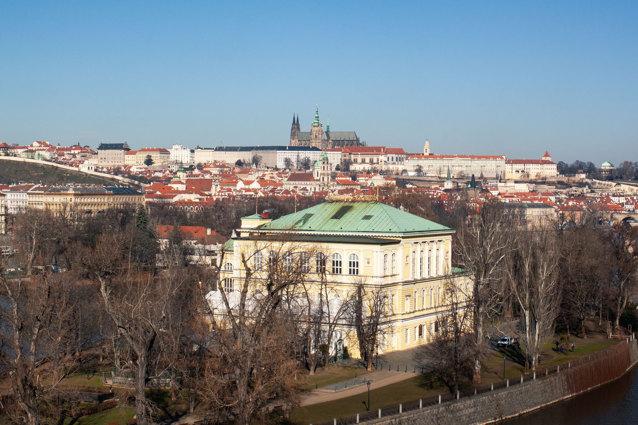 Photo of aerial view of Žofín Palace with Prague Castle Skyline and the Historical Centre of Prague.