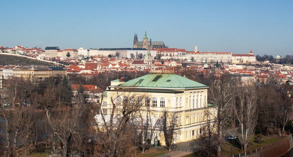 Photo of aerial view of Žofín Palace with Prague Castle Skyline and the Historical Centre of Prague.