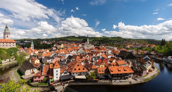 Photo of aerial view of Enchanting Český Krumlov Castle and town, Czech republic.