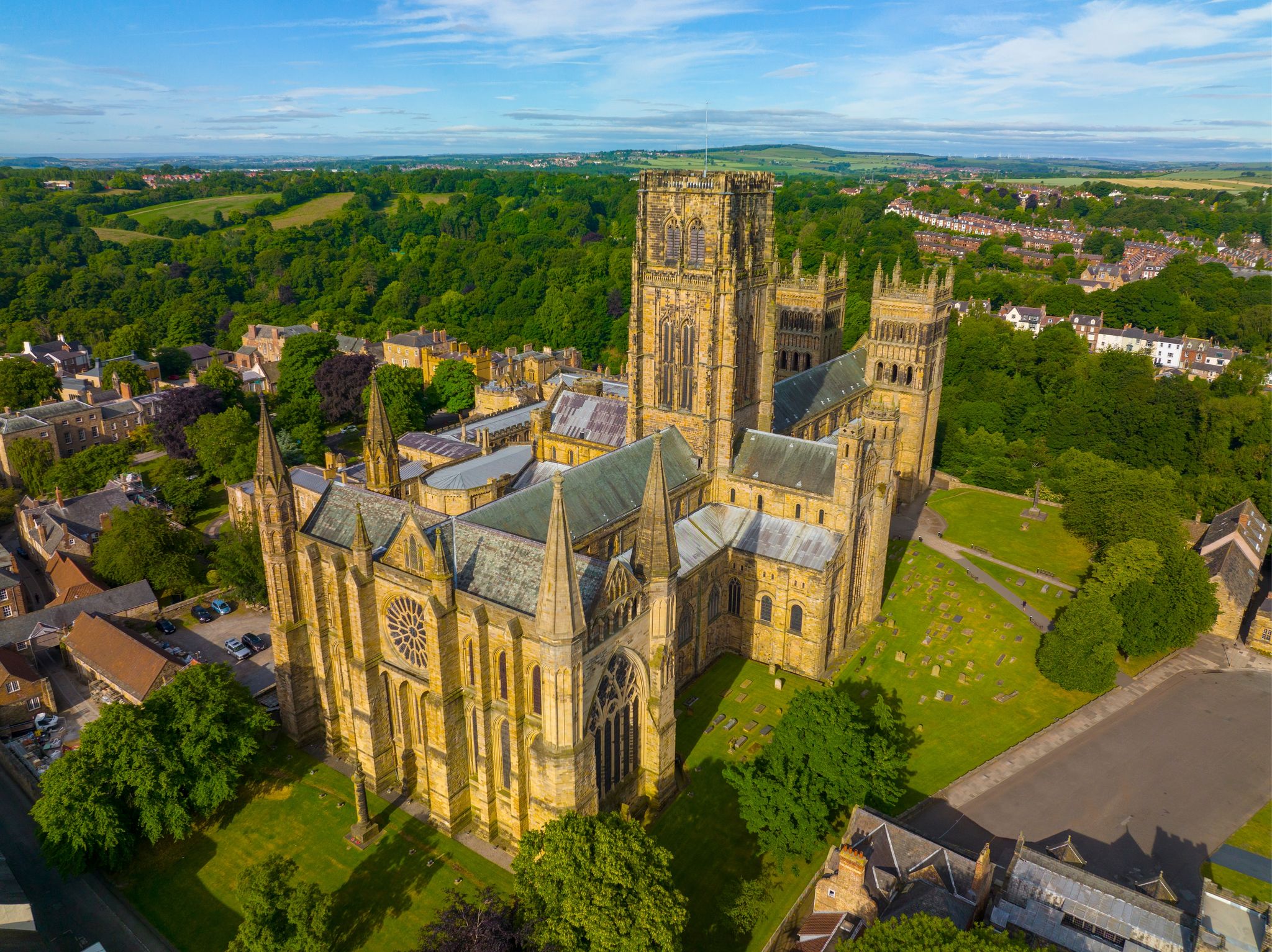 Photo of aerial view of Durham Cathedral that is a cathedral in the historic city center of Durham, England, UK.